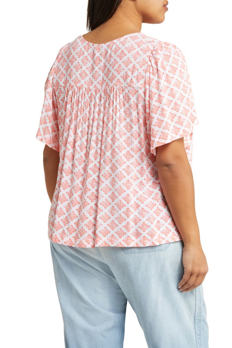 Print V-Neck Gauze Top, Alternate, color, WHITE- CORAL TILE GEO