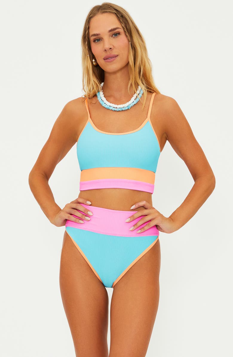 Beach Riot Emmy Colorblock High Waist Bikini Bottoms, Alternate, color, Blue/Green Crush Color