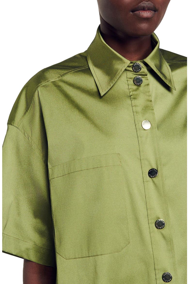Cacao Oversize Short Sleeve Satin Shirt, Alternate, color, LIGHT KAKI