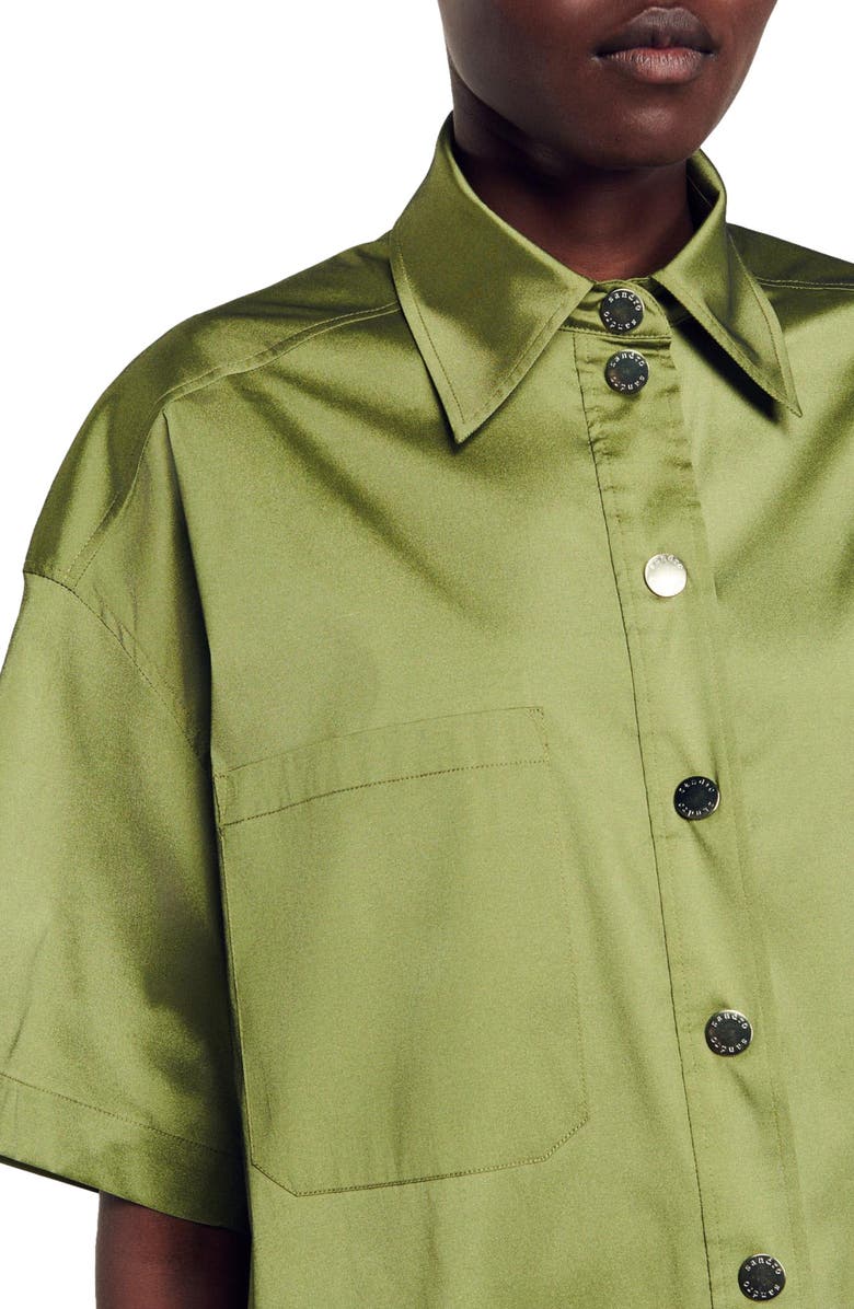 SANDRO Cacao Oversize Short Sleeve Satin Shirt, Alternate, color,