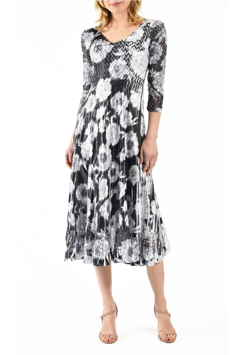Floral Printed Charmeuse 3/4 Sleeve Dress, Main, color, Crysanthemum