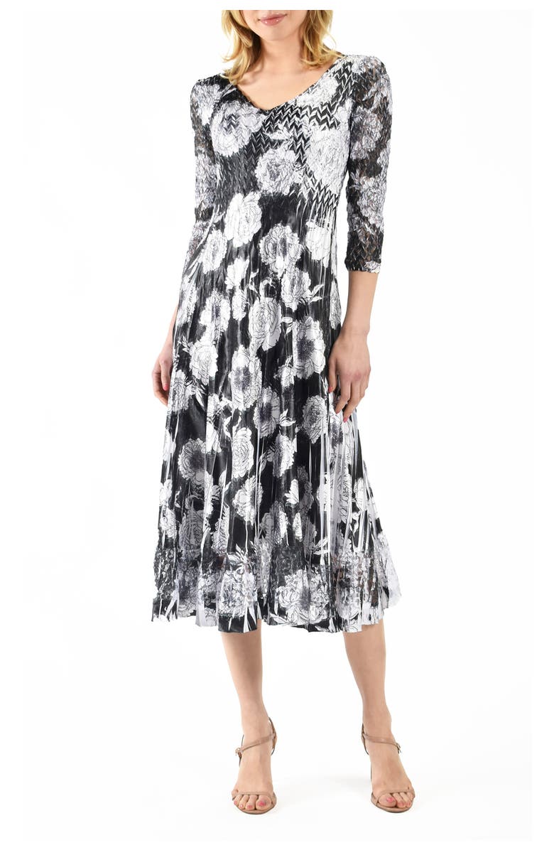 Komarov Floral Printed Charmeuse 3/4 Sleeve Dress, Main, color, Crysanthemum