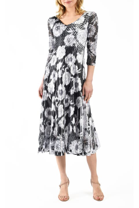 Floral Printed Charmeuse 3/4 Sleeve Dress