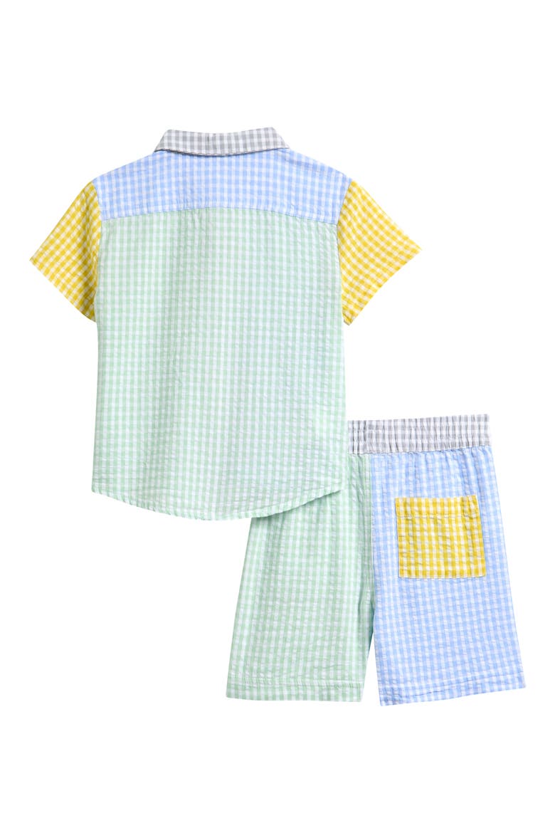 Kids' Gingham Patchwork Magnetic Button-Up Shirt & Shorts Set, Alternate, color, BLUE/ GREEN MULTI