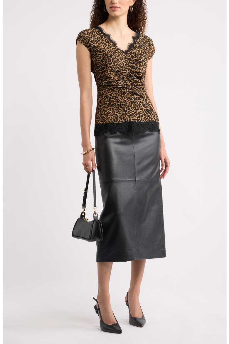 Lace Trim Ruched Top, Alternate, color, TAN- BLACK LEONE LEOPARD