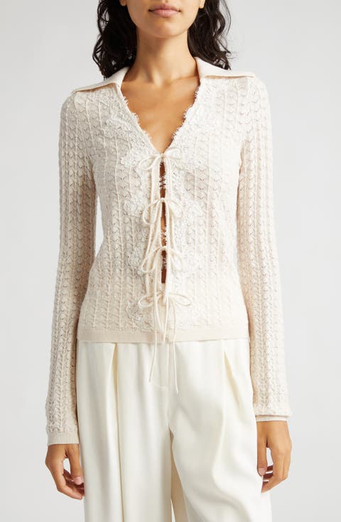 Kyra Pointelle Tie Front Wool Cardigan