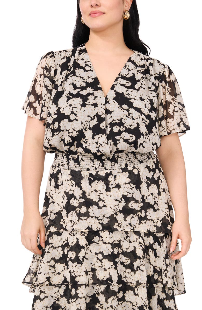 Vince Camuto Floral Tiered Flutter Sleeve Midi Dress, Alternate, color, Rich Black