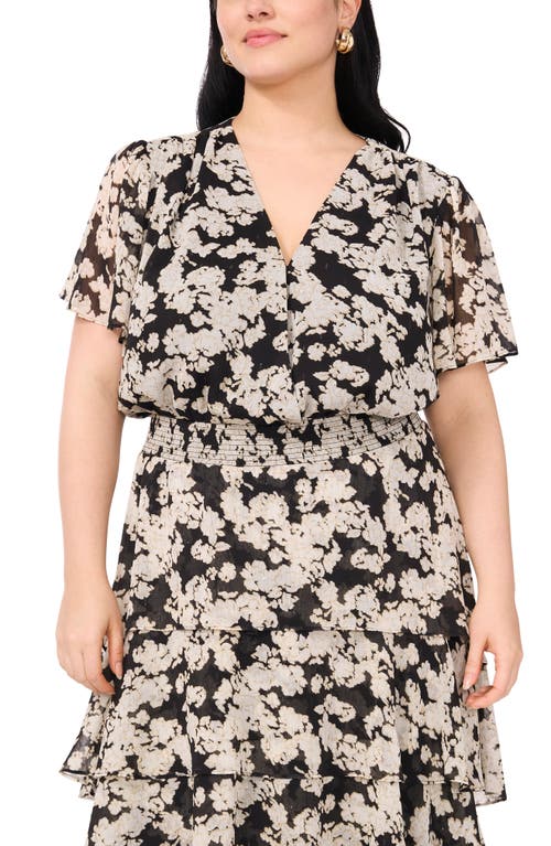 Vince Camuto Floral Tiered Flutter Sleeve Midi Dress In Rich Black
