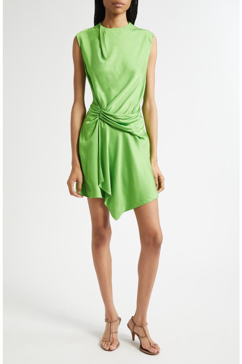 Dion Gathered Satin Minidress, Main, color, LILY GREEN