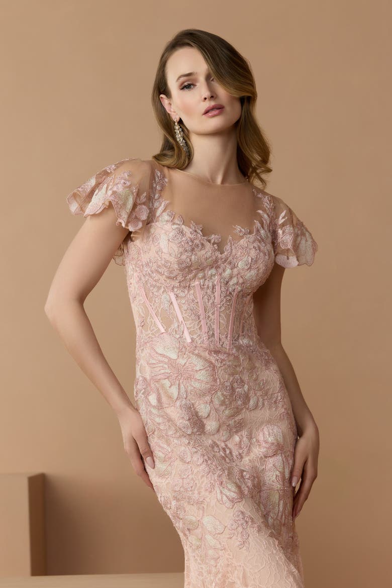 Embroidered Lace Trumpet Gown with Flutter Sleeves, Alternate, color, Blush