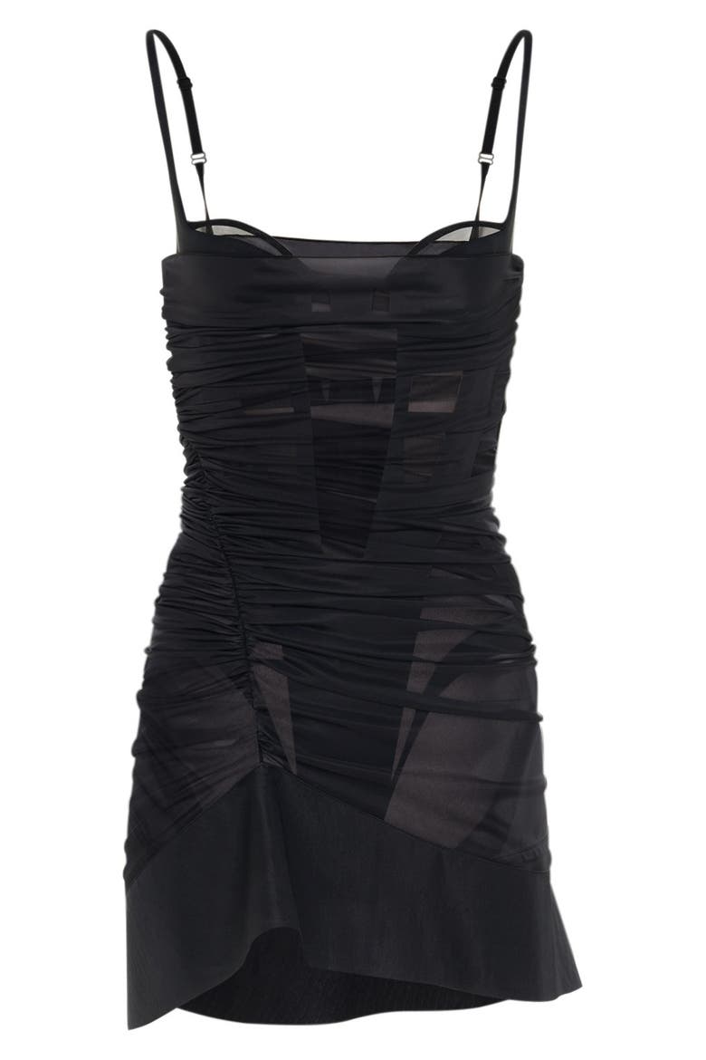 Corseted Gathered Waist Semisheer Body-Con Mesh Minidress, Alternate, color, BLACK