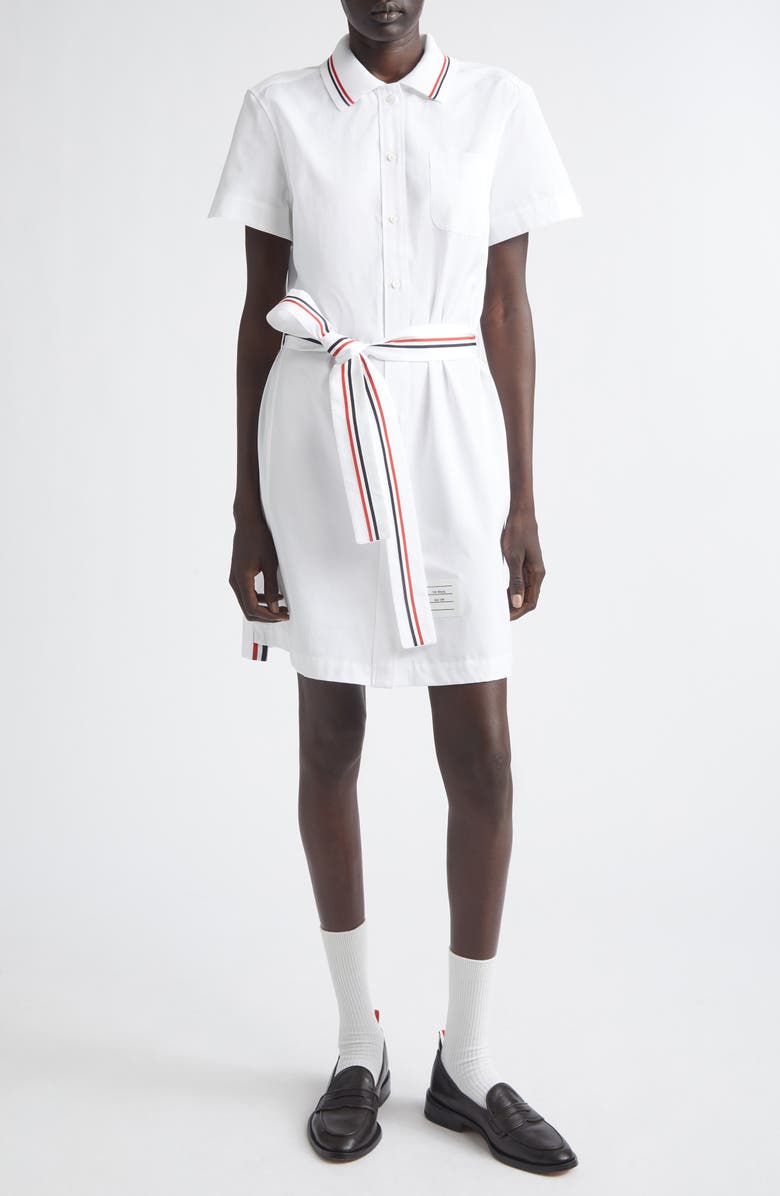 Thom Browne Belted Cotton Poplin Shirtdress, Main, color, White