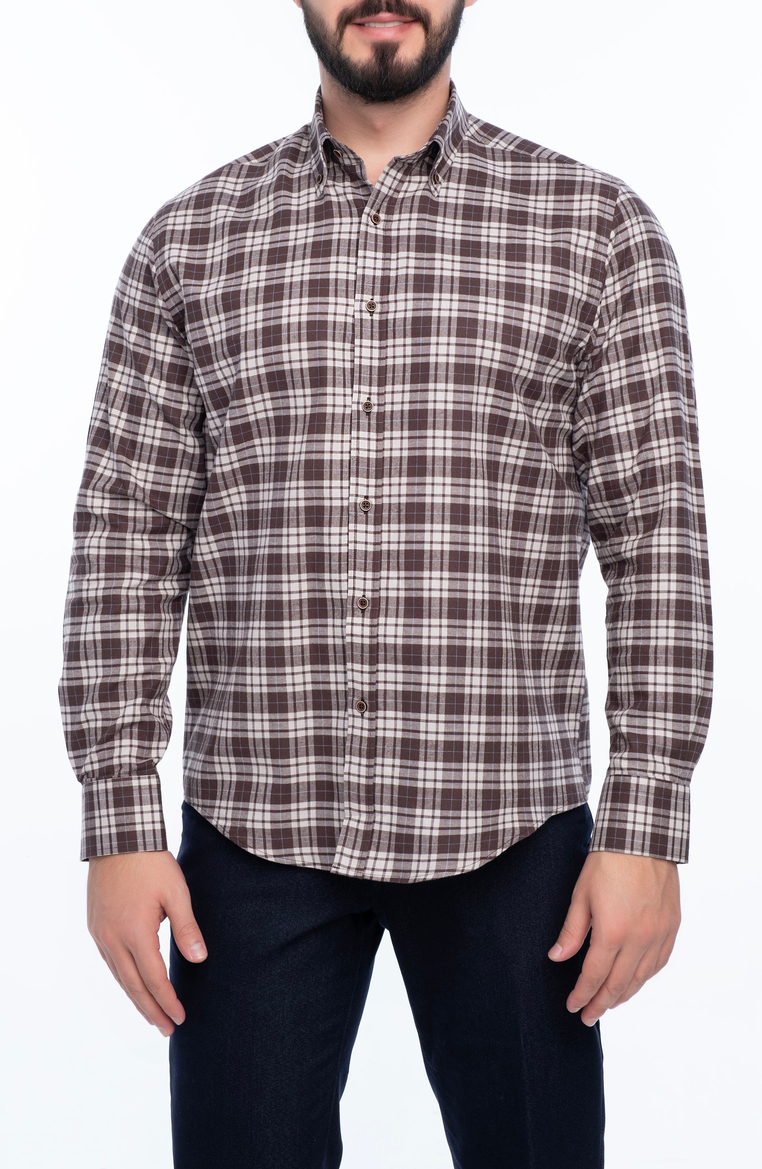 VELLAPAIS Plaid Cotton Slim Fit Button Down Shirt