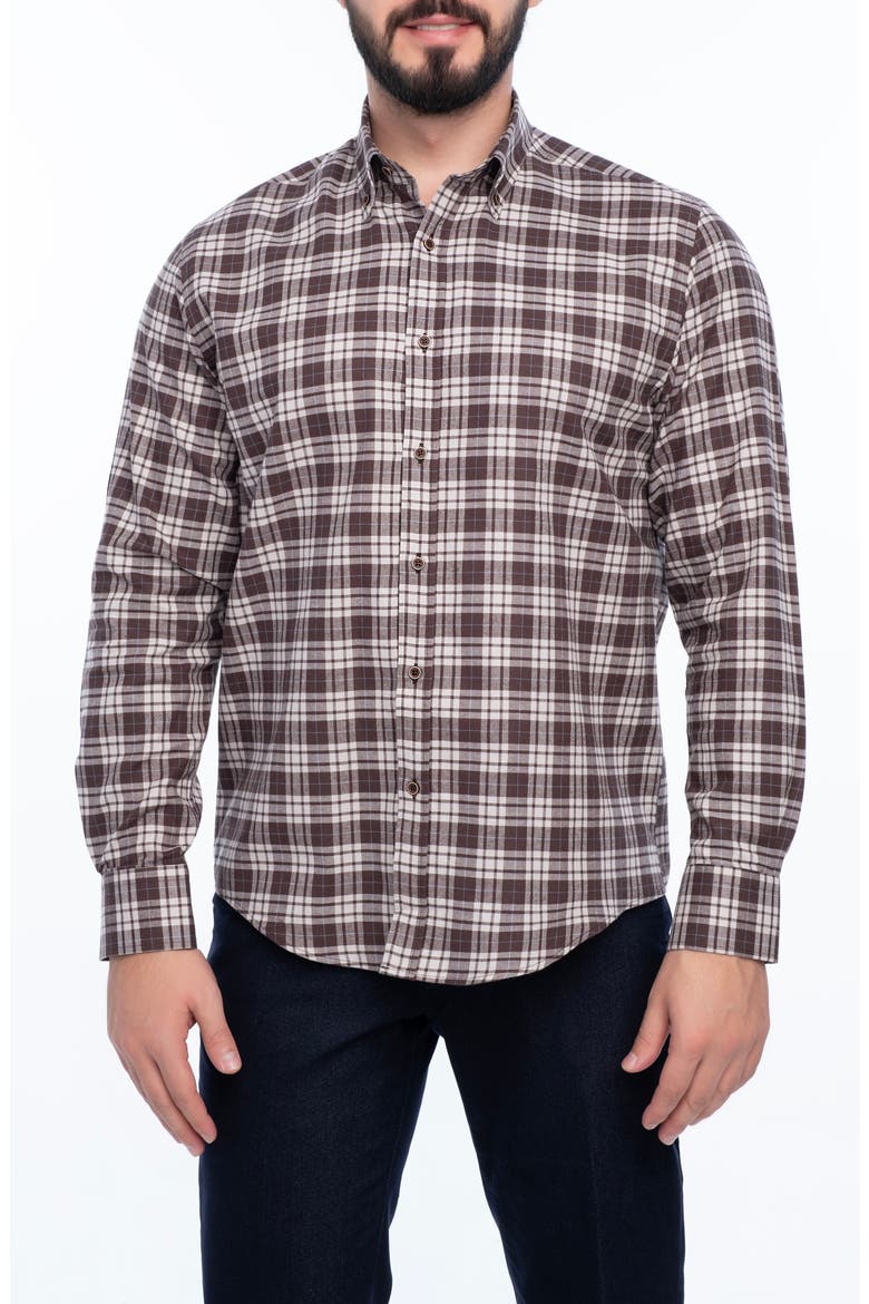 Plaid Cotton Slim Fit Button Down Shirt, Main, color, DARK BROWN
