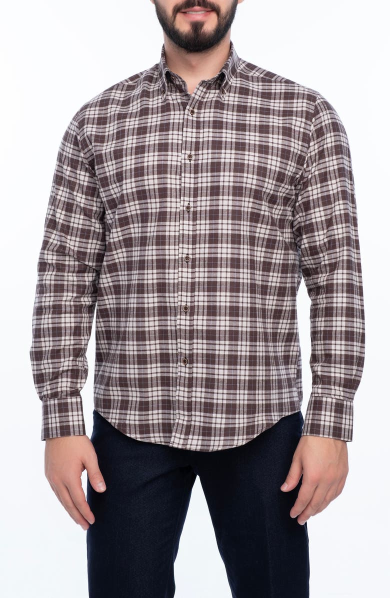 VELLAPAIS Plaid Cotton Slim Fit Button Down Shirt, Main, color, Dark Brown