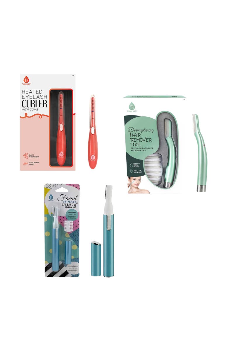 Hair Trimmer, Heated Eyelash Curler & Dermaplaning Tool, Main, color, Multicolor
