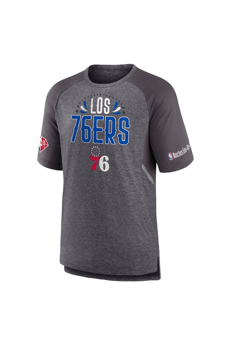Men's Fanatics Branded Heathered Gray Philadelphia 76ers 2022 Noches Ene-Be-A Core Shooting Raglan T-Shirt, Alternate, color, Heather Gray