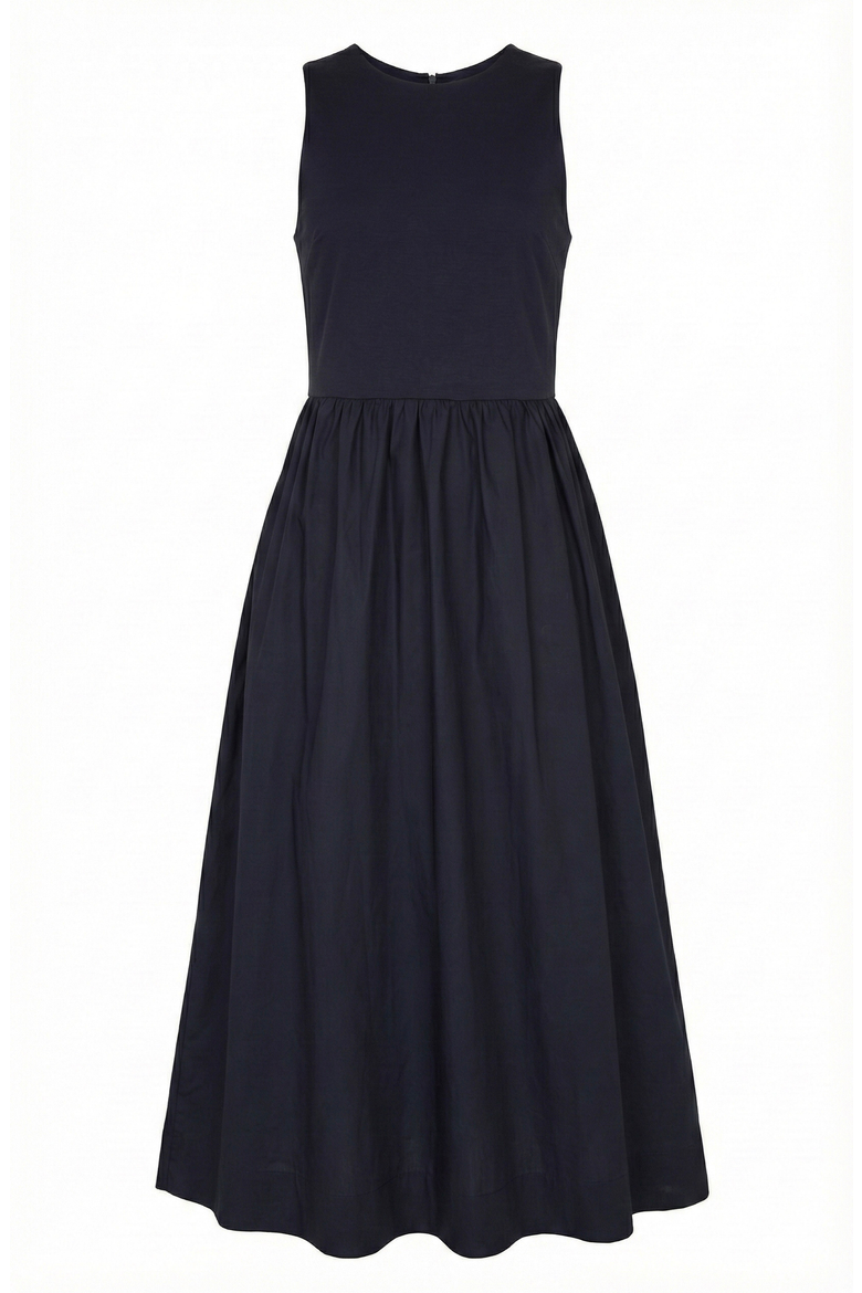 Sleeveless Crewneck Midi Dress with Gathered Waist and Pockets, Alternate, color, Navy Blue