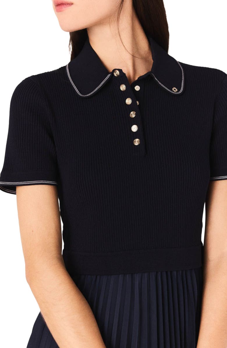 maje Mini pleated polo collar dress, Alternate, color, Navy