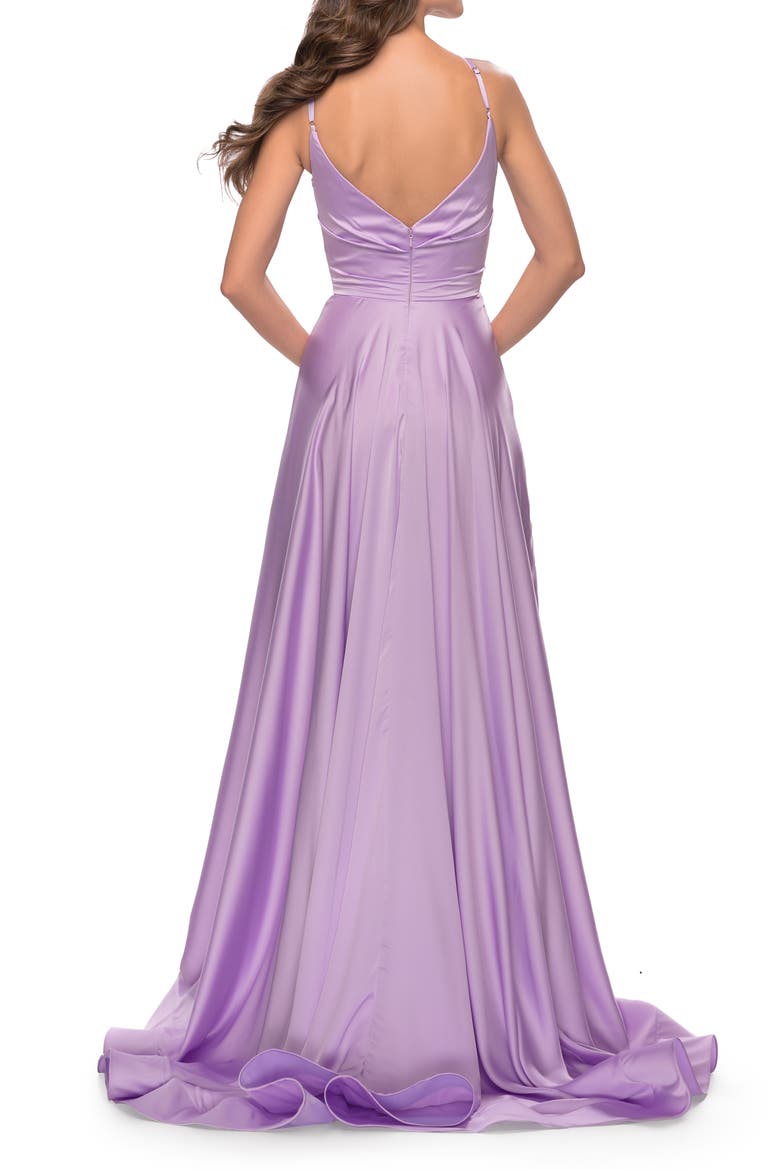 Long Satin Dress with Side Slit and V Shaped Back, Alternate, color, Lavender
