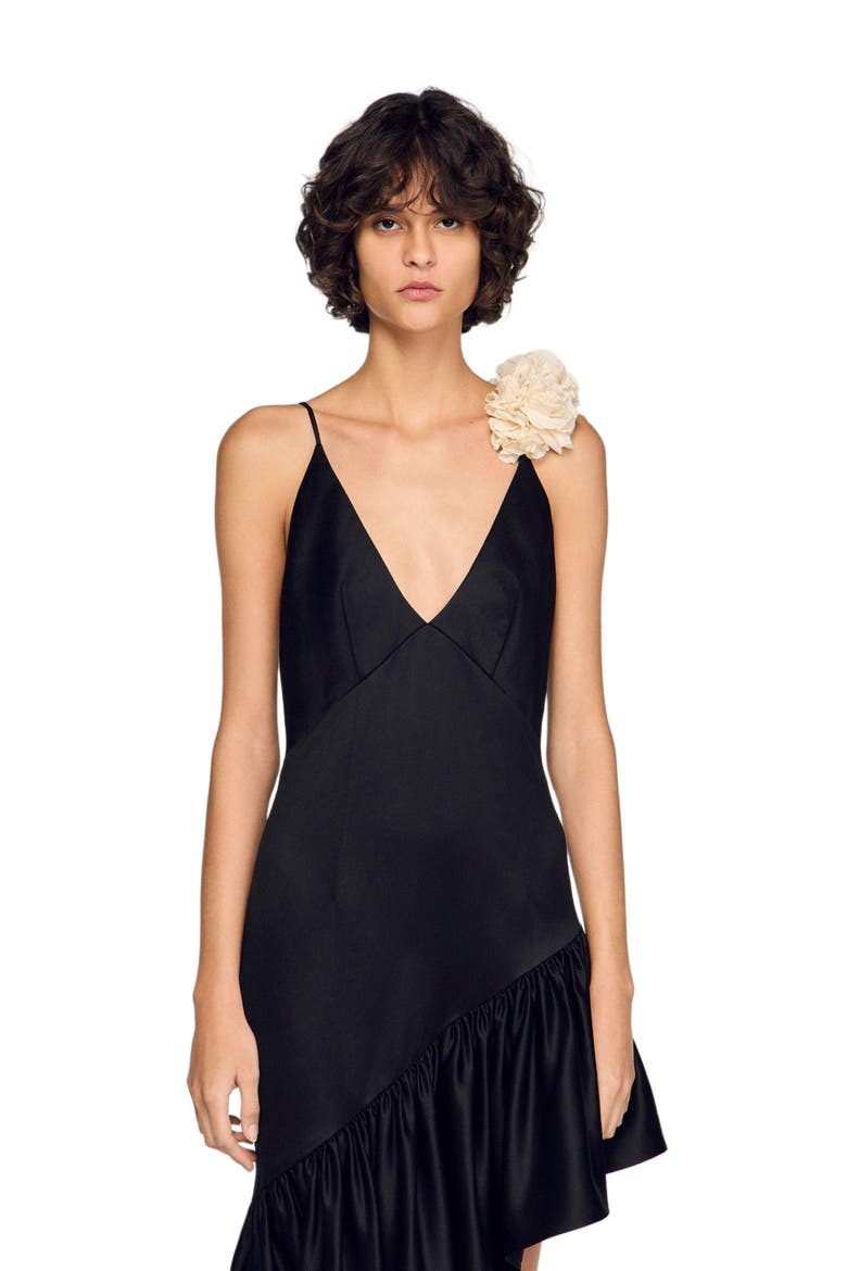 Flower detail asymmetrical ruffled dress, Alternate, color, Black