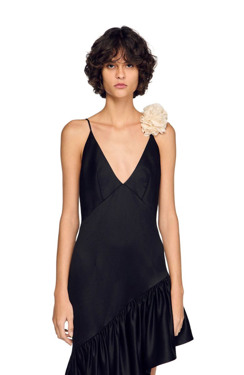 SANDRO Asymmetrical ruffled dress, Alternate, color, Black