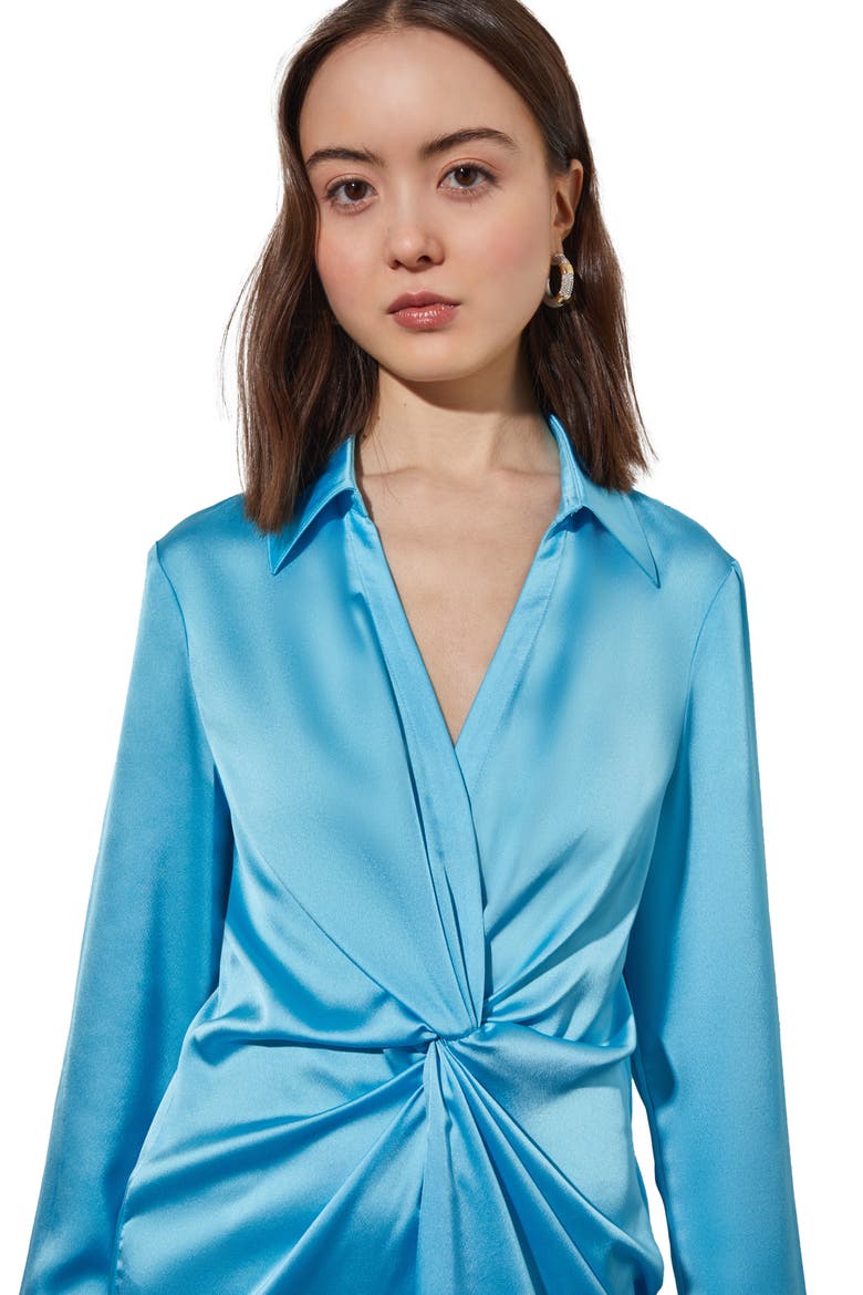 Knot Front Long Sleeve Crêpe de Chine Shirtdress, Alternate, color, DEW BLUE