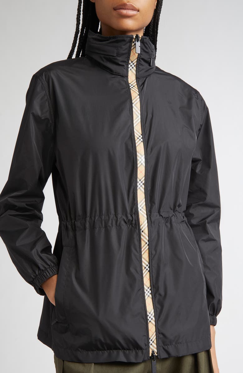 Burberry Check Trim Nylon Parka, Alternate, color, Black