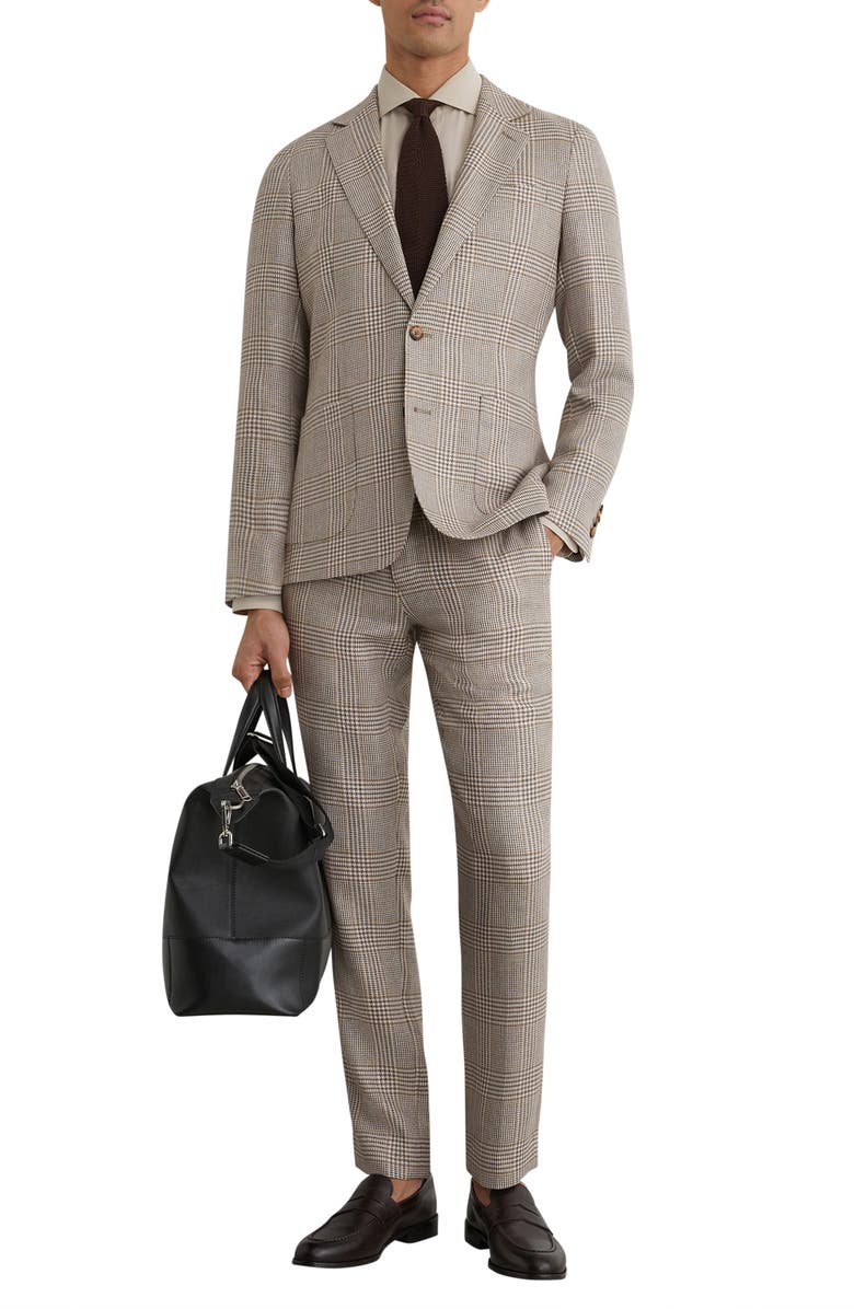 Reiss Epsom Tailored Fit Brown Glen Check Linen & Wool Blend Suit Jacket, Alternate, color, Oatmeal Brown