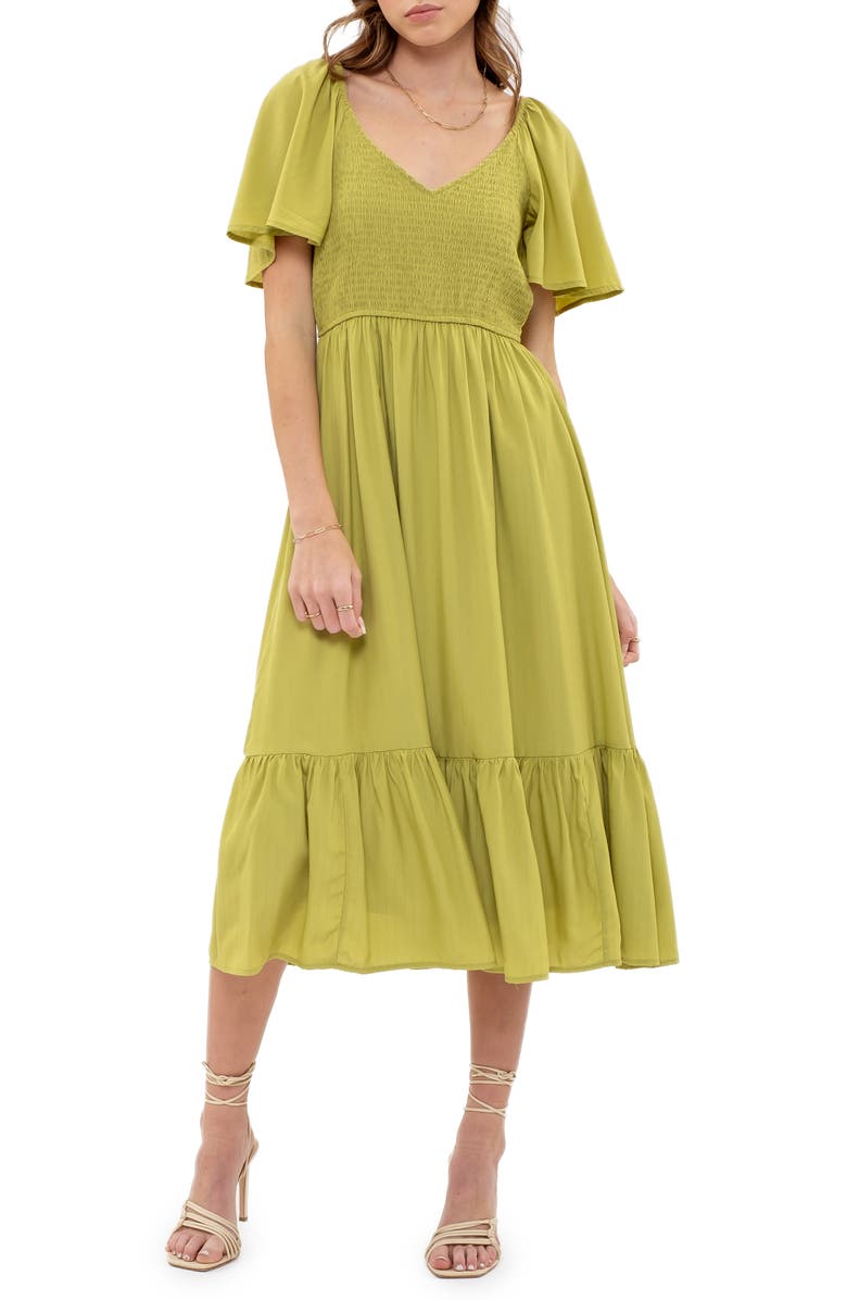 AUGUST SKY Flutter Sleeve A-Line Midi Dress, Main, color, Kiwi