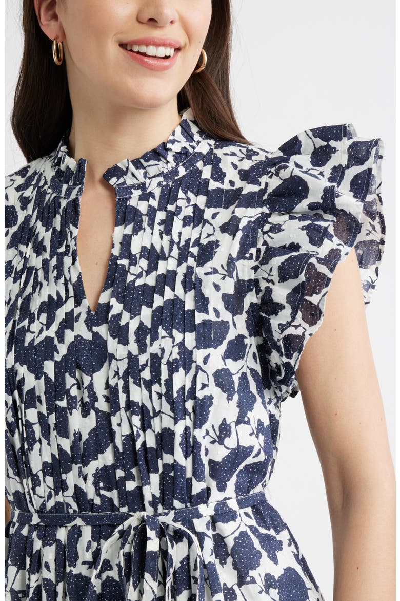 Ruffle Tie Waist Dress, Alternate, color, IVORY- NAVY WINDSOR FLORAL