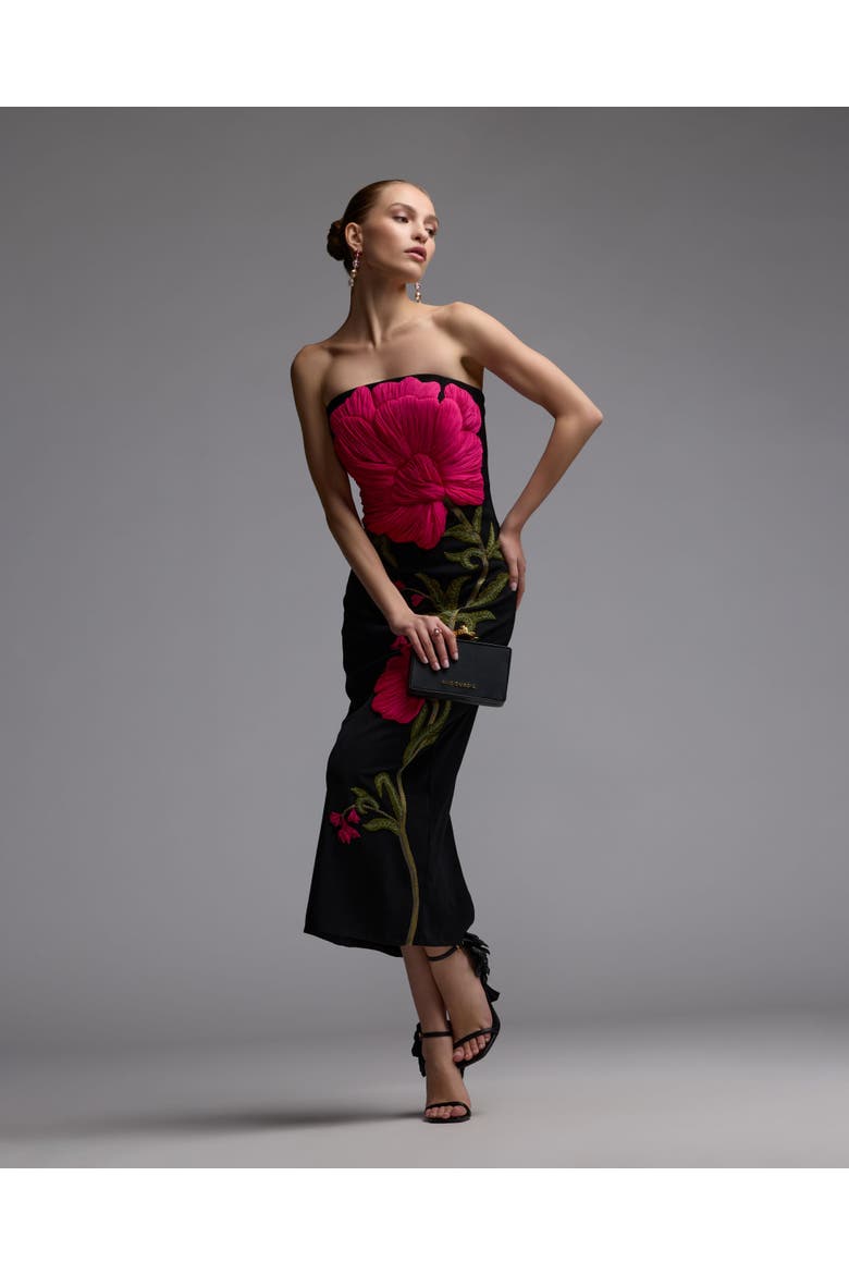 Strapless Floral Embroidered Midi Dress, Alternate, color, Black Multi