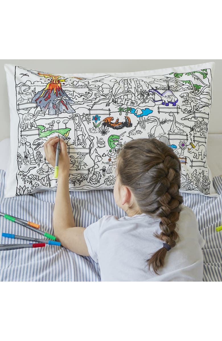 Eat Sleep Doodle Color Your Own Dinosaur Pillowcase, Alternate, color, White