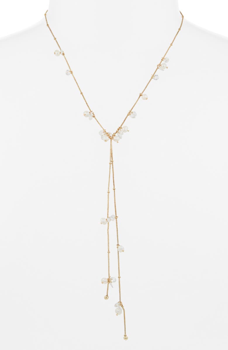 NORDSTROM RACK Floating Cubic Zirconia & Faux Pearl Lariat Necklace, Alternate, color, Clear- White- Gold