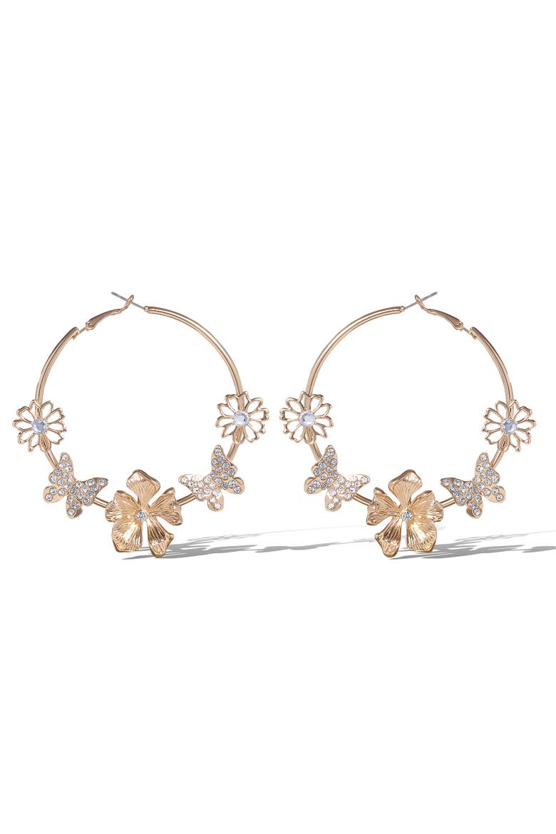 Flower and Butterlfy Hoop Earrings, Main, color, Gold