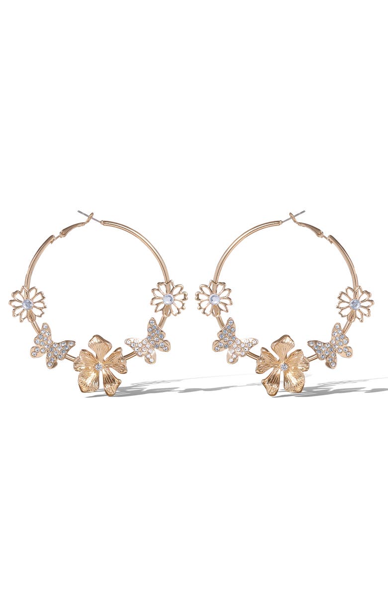 Jessica Simpson Flower and Butterlfy Hoop Earrings, Main, color, Gold