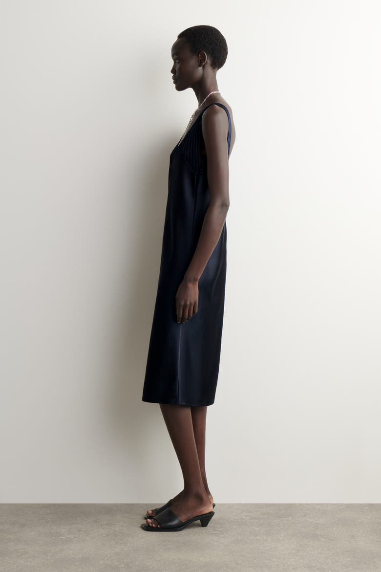Open-stitch Satin Slip Dress, Alternate, color, NAVY