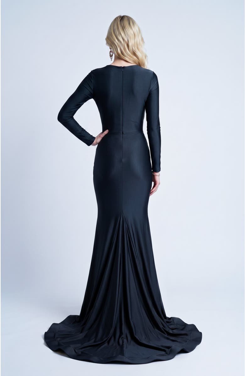 Jessica Angel Long Sleeve Plunge V-Neck Ruched Mermaid Gown, Alternate, color, Black