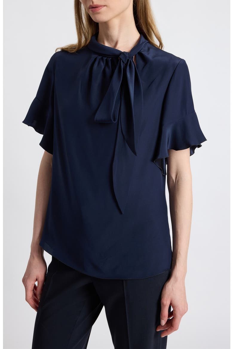 Athena Silk Blouse with Short Flutter Sleeves, Alternate, color, MIDNIGHT