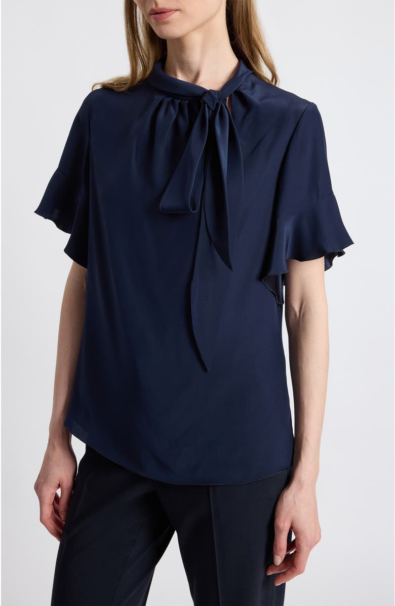 Santorelli Athena Silk Blouse with Short Flutter Sleeves, Alternate, color, Midnight