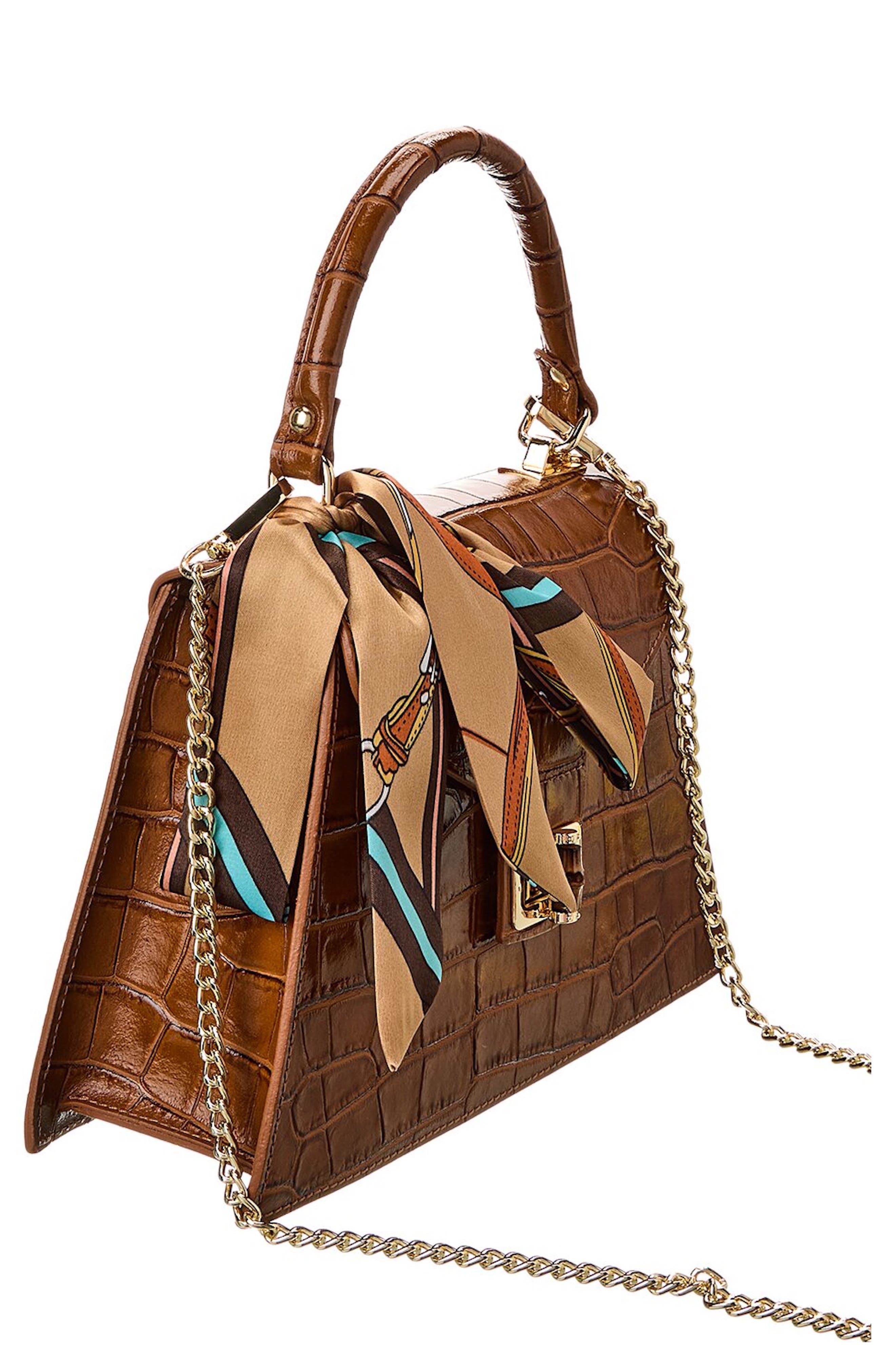 Marta Croc Embossed Satchel with Scarf, Alternate, color, SADDLE