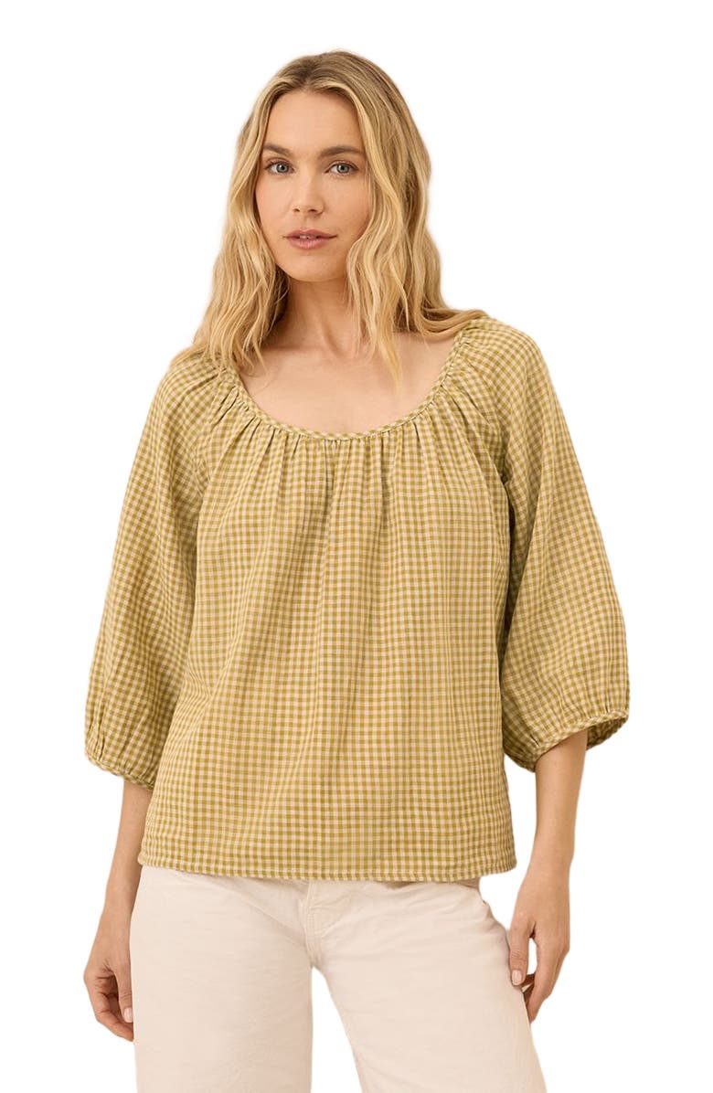 Pact Organic Cotton Coastal Double Gauze Scoop Neck Top, Alternate, color, Gold Gingham