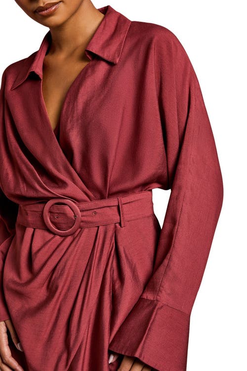 Coast Petite Long Sleeve Wrap Dress With Belt In Burgundy