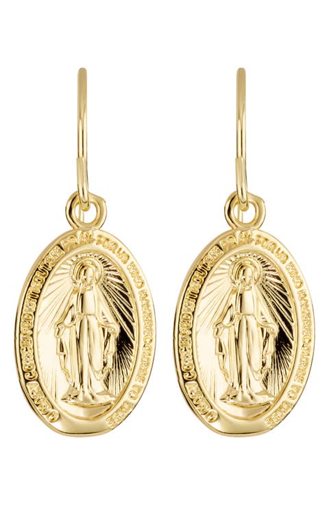 Virgin Mary Medallion Drop Earrings
