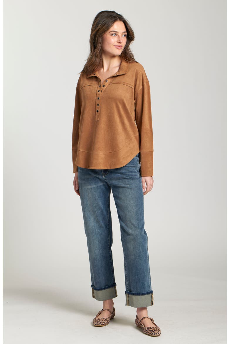 Faux Leather Henley Top, Alternate, color, CARAMEL
