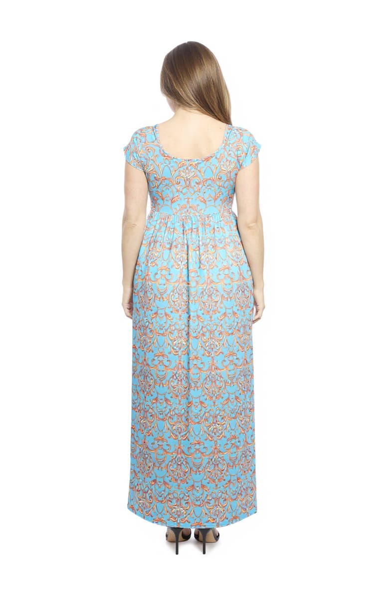 24seven Comfort Apparel Plus Size Abstract Square Neck Cap Sleeve Pleated A-Line Maxi Dress, Alternate, color, Blue Multi