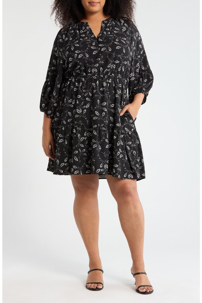 Balloon Sleeve Fit & Flare Dress, Main, color, BLACK- IVORY LACE STEMS