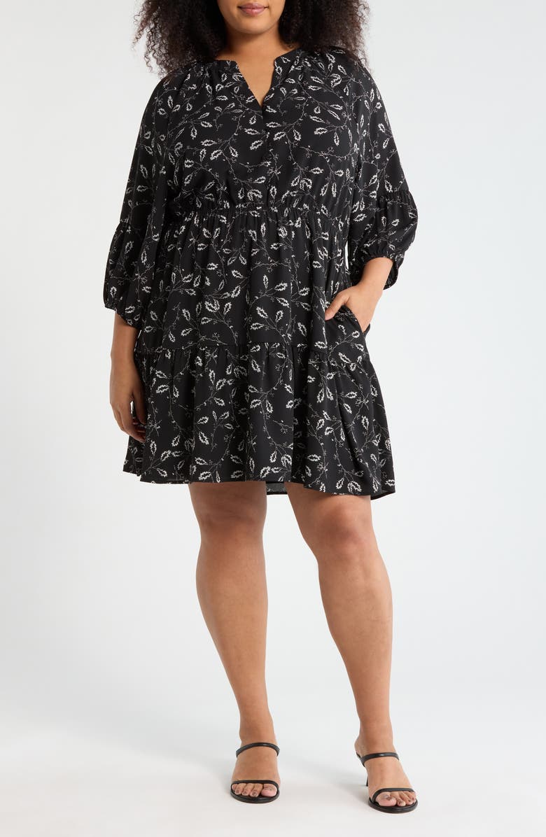 Melrose and Market Balloon Sleeve Fit & Flare Dress, Main, color, Black- Ivory Lace Stems