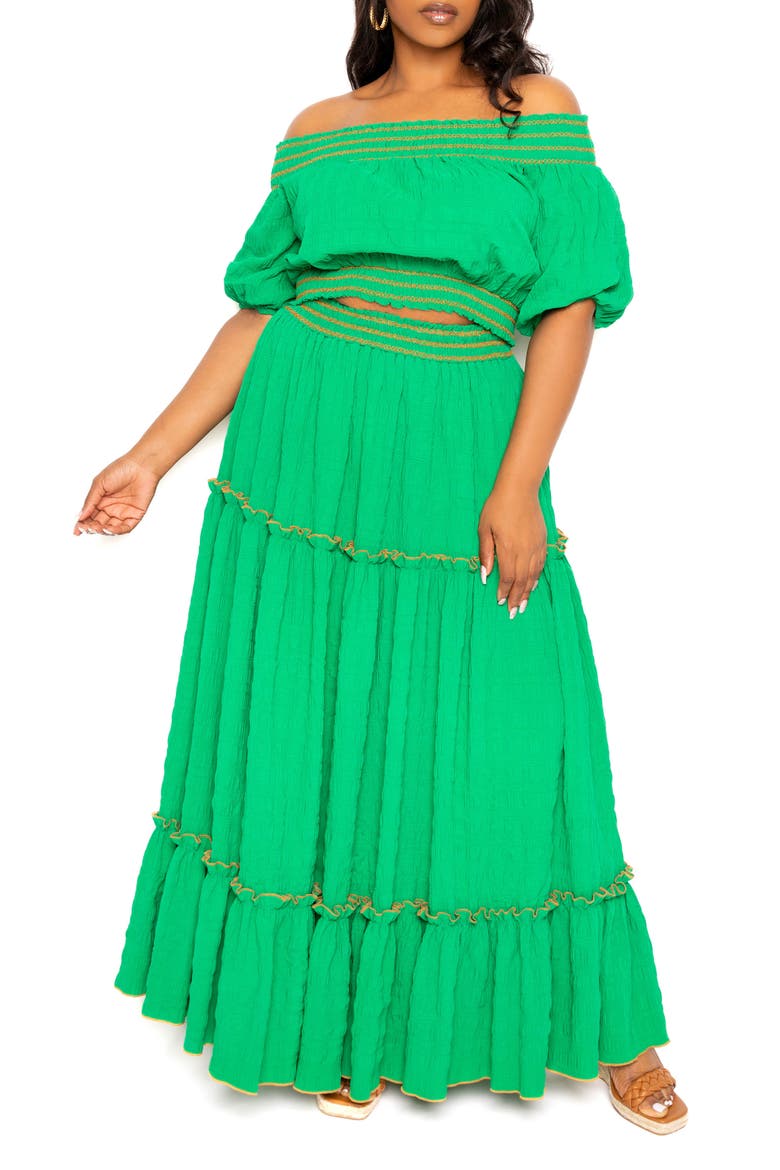 Smocked Off the Shoulder Puff Sleeve Top & Maxi Skirt Set, Main, color, GREEN
