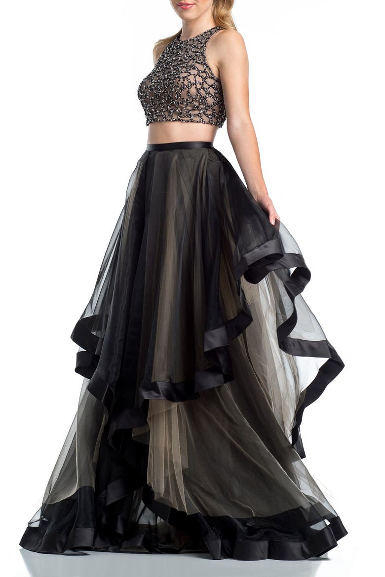 Beaded Top & Organza Two-Piece Ballgown, Main, color, BLACK/ NUDE